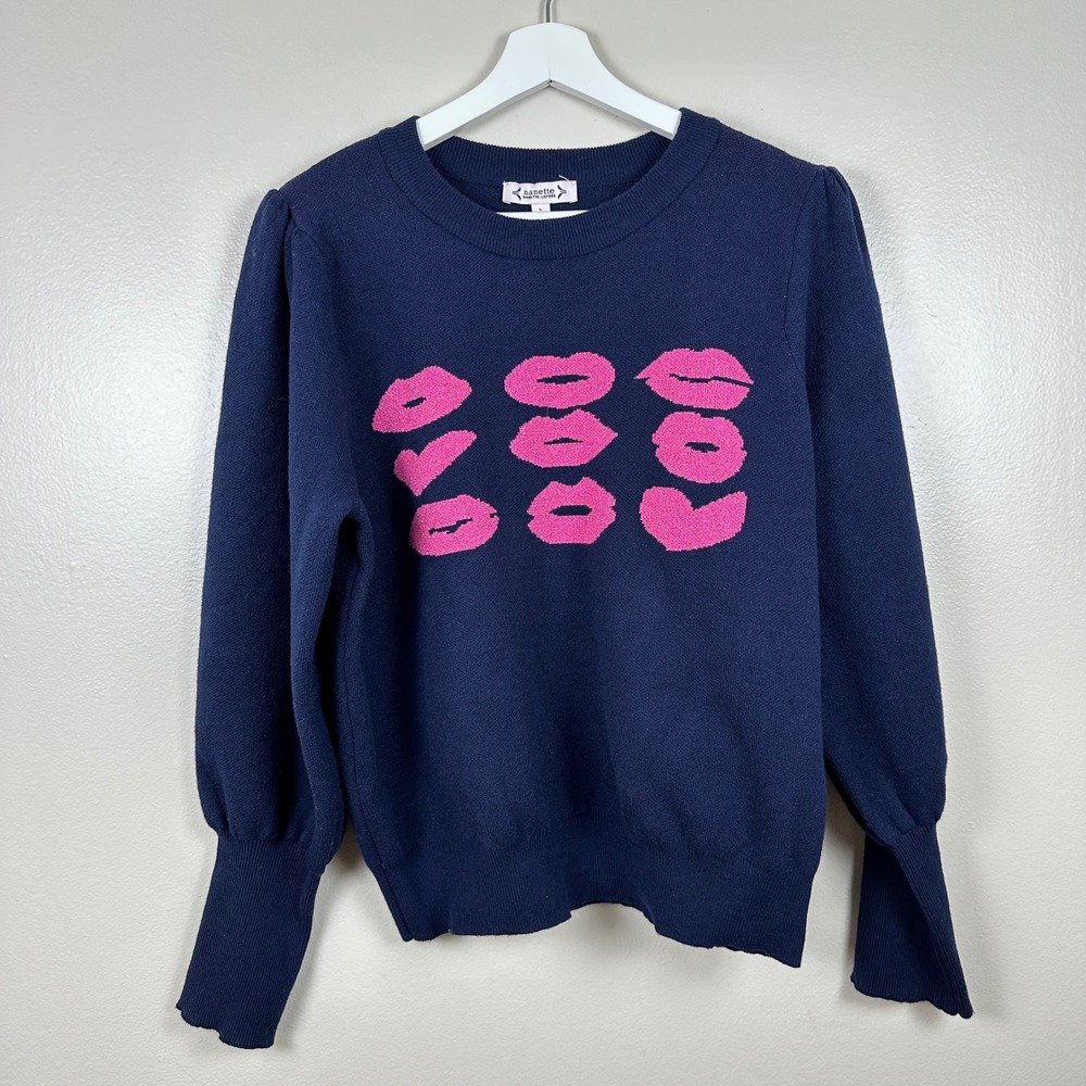 Nanette Nanette‎ Lepore Women's L Sweater Navy Blue Pink Lips Puff Sleeve Knit